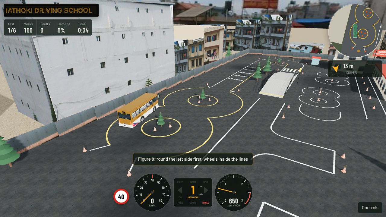 The Budhathoki Driving School trial ground: the school bus in the figure 8, the speed breakers, the ramp and the L-back