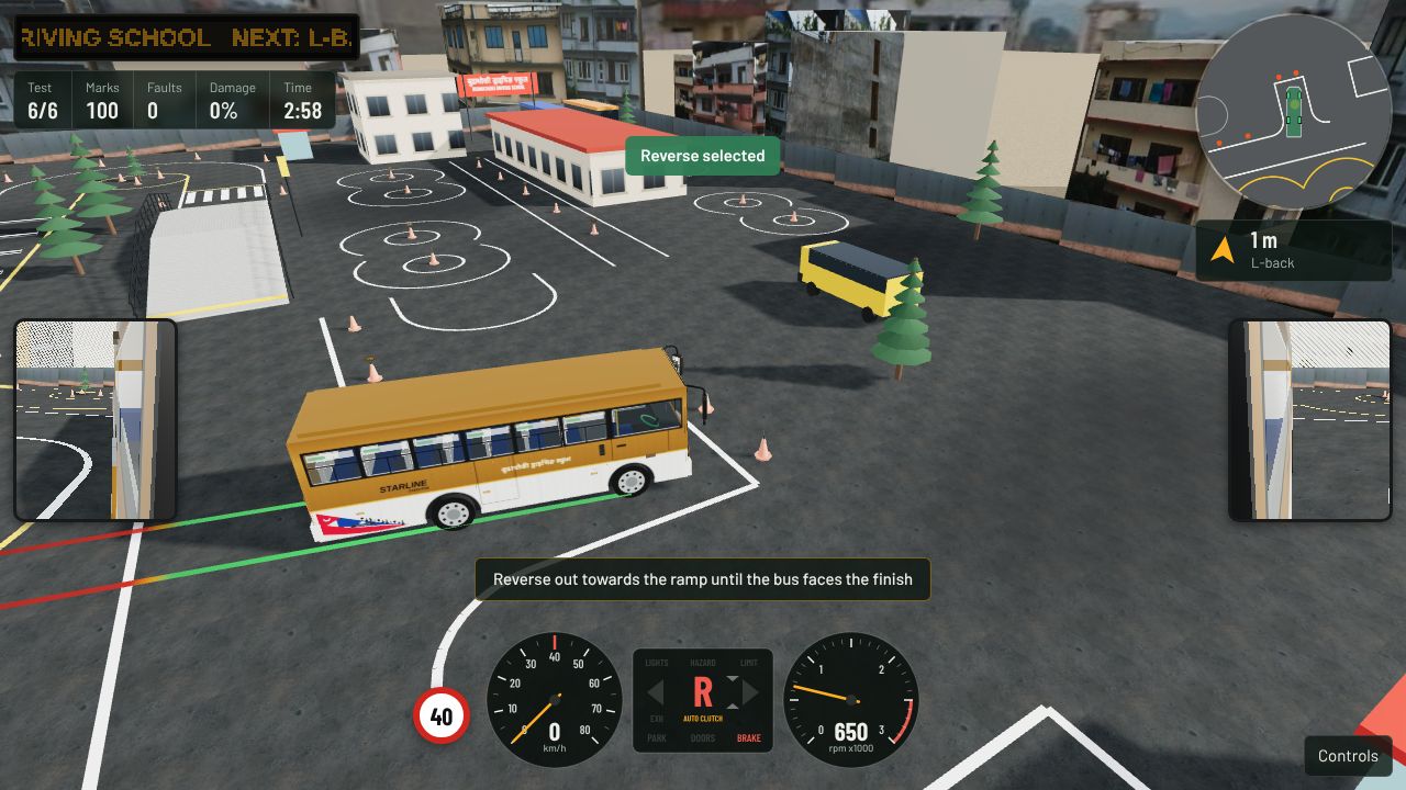 The school bus reversing out of the L-back bay, with green and red wheel path guides on the ground