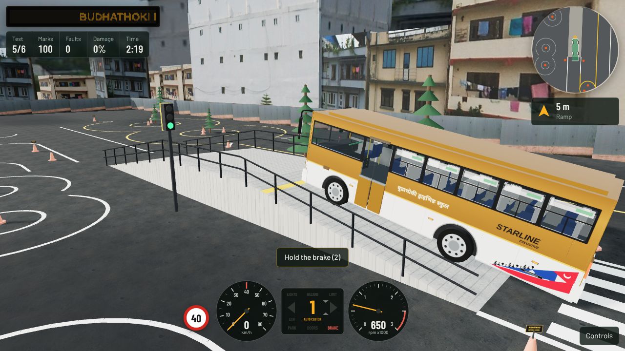 The school bus stopped on the ramp's climb beside the railings, with the signal on the top and Hold the brake on screen